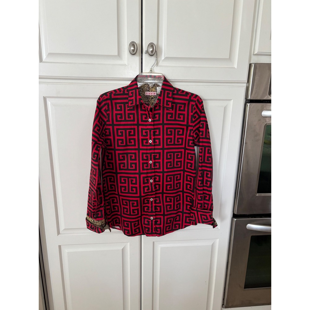 Tizzie‎ Red Black Greek Key Button Down Shirt Leopard Trim Small